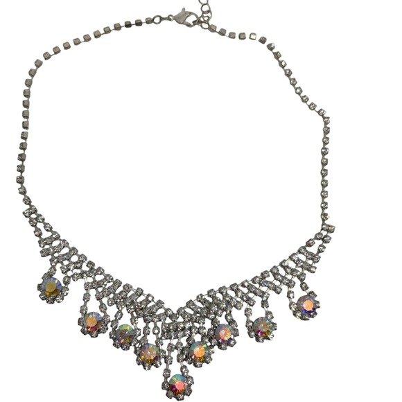 Sparkling AB Crystal Rhinestone Necklace Glamorous Silver Tone Statement Aurora‎